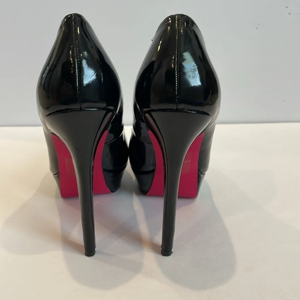 Signature Sole Black Patent Pink Bottom‎ Platform Heels 7.5